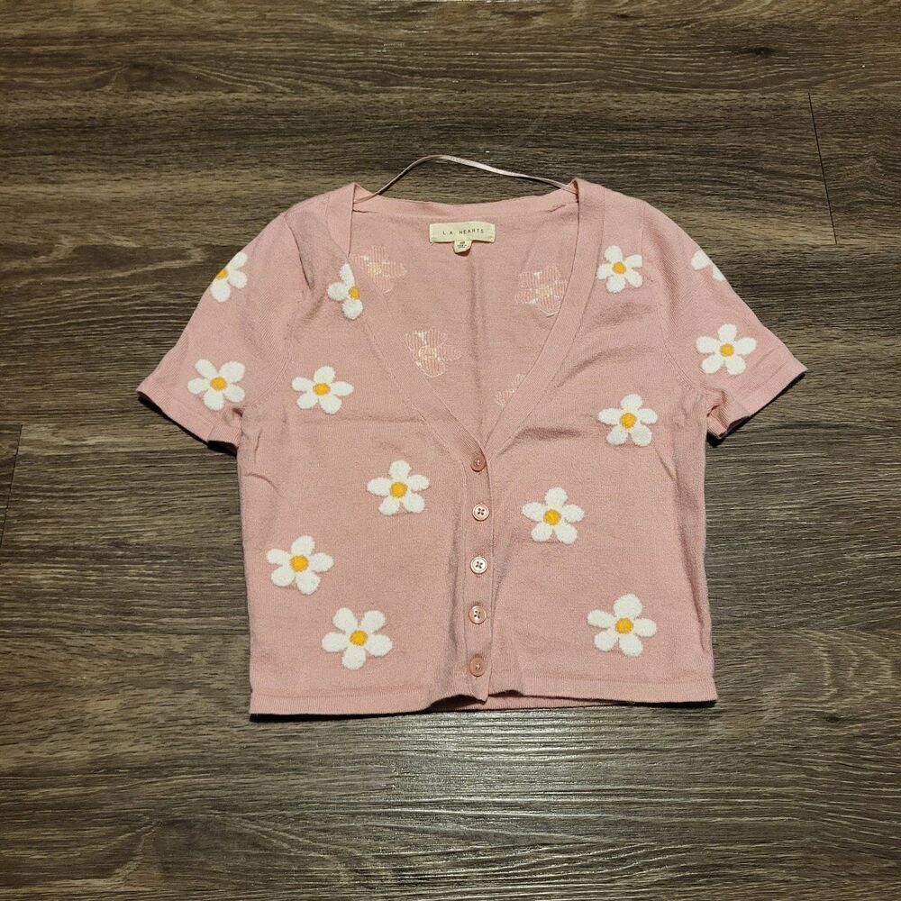 L.A. Hearts Floral Short Sleeved Button Up Cardigan Sweater Womens Size XS